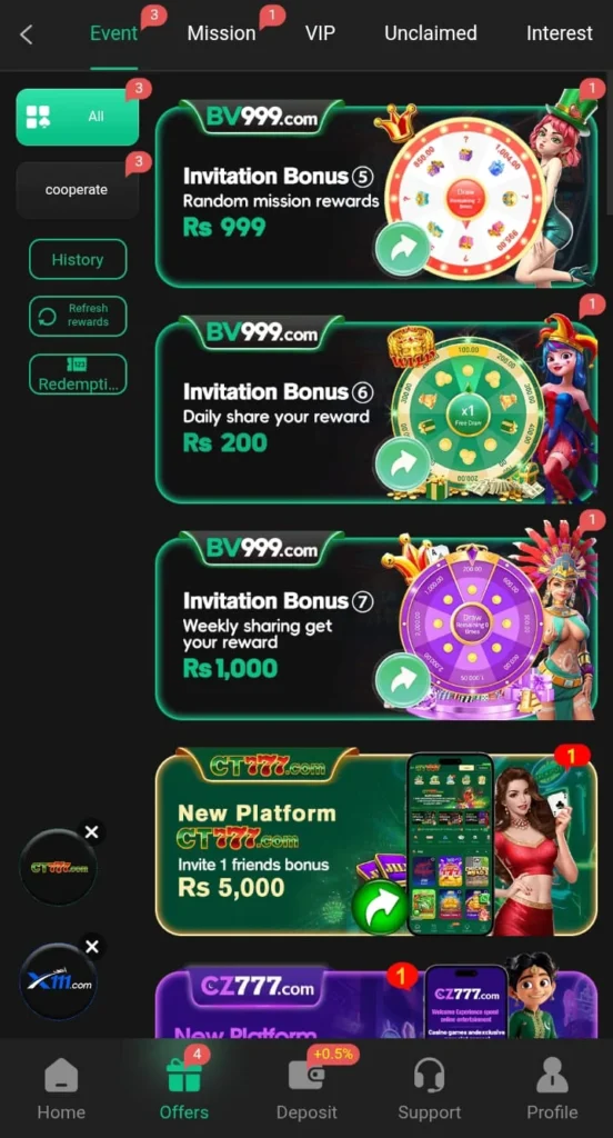 earn bonuses and rewards in bv999 game download